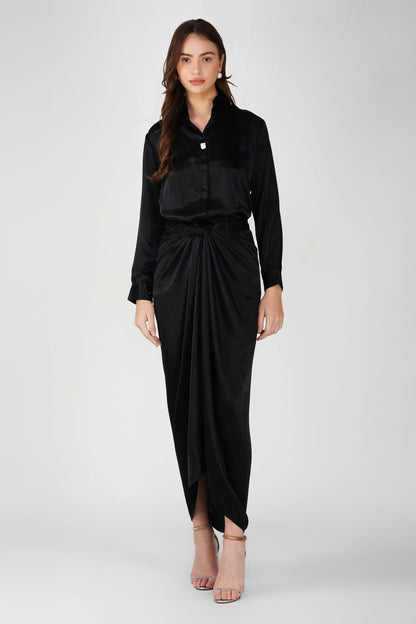 Nura Drape Skirt Co-ord – Black Velvet-Finish Satin Shirt, Wrap Skirt & Lining (3-Piece Set)