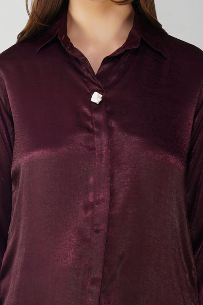 Nura Drape Skirt Co-ord – Wine Velvet-Finish Satin Shirt, Wrap Skirt & Lining (3-Piece Set)