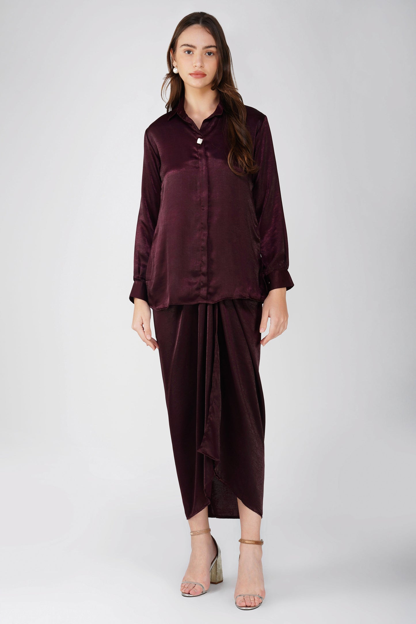 Silk Drape Shirt Skirt Set Wine