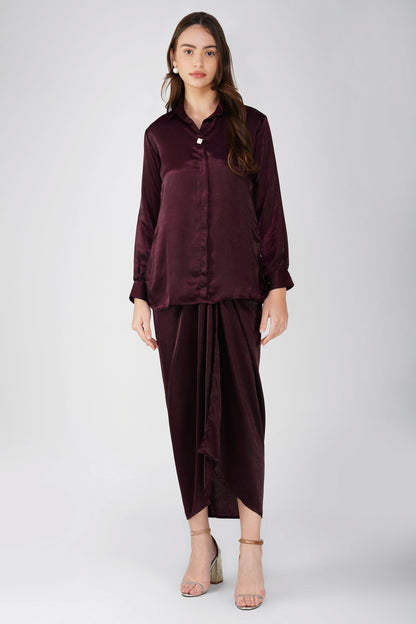 Nura Drape Skirt Co-ord – Wine Velvet-Finish Satin Shirt, Wrap Skirt & Lining (3-Piece Set)