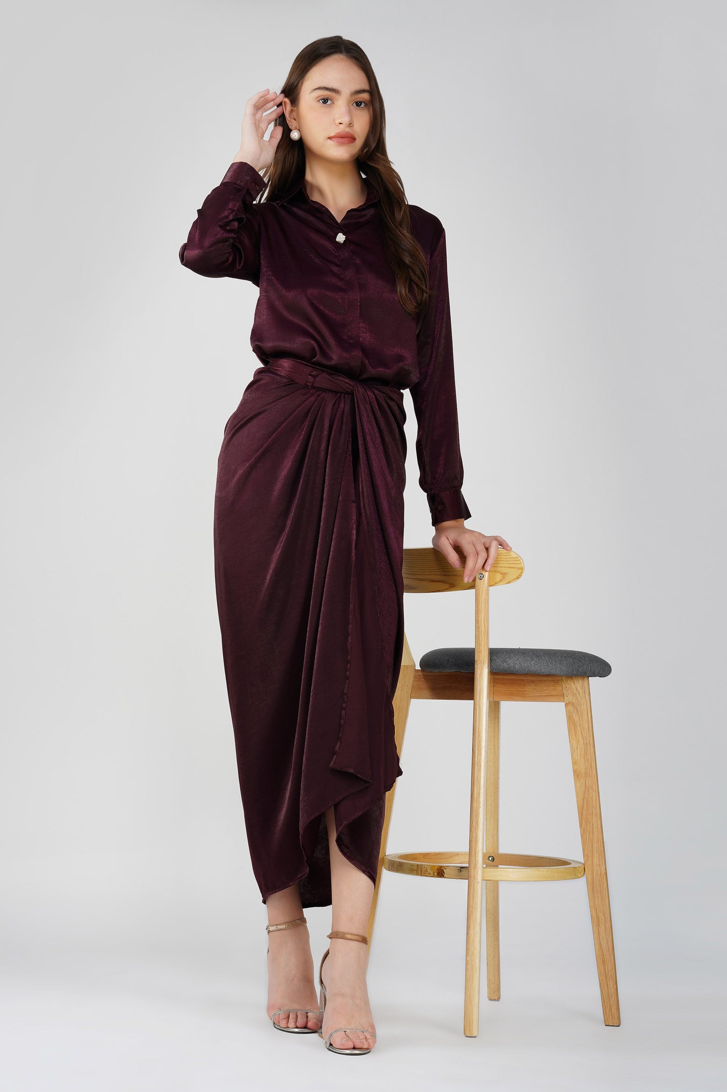 Silk Drape Shirt Skirt Set Wine