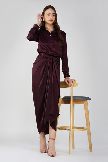 Nura Drape Skirt Co-ord – Wine Velvet-Finish Satin Shirt, Wrap Skirt & Lining (3-Piece Set)