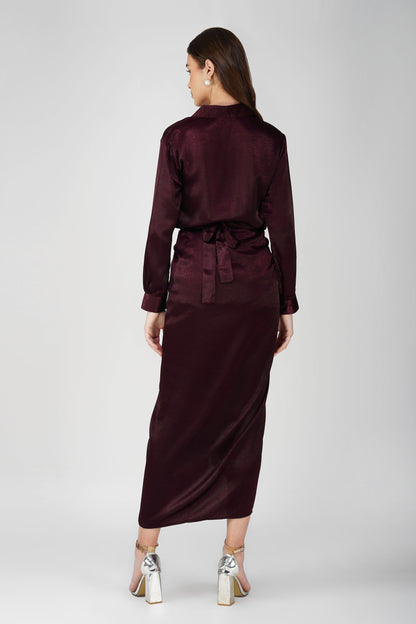 Nura Drape Skirt Co-ord – Wine Velvet-Finish Satin Shirt, Wrap Skirt & Lining (3-Piece Set)