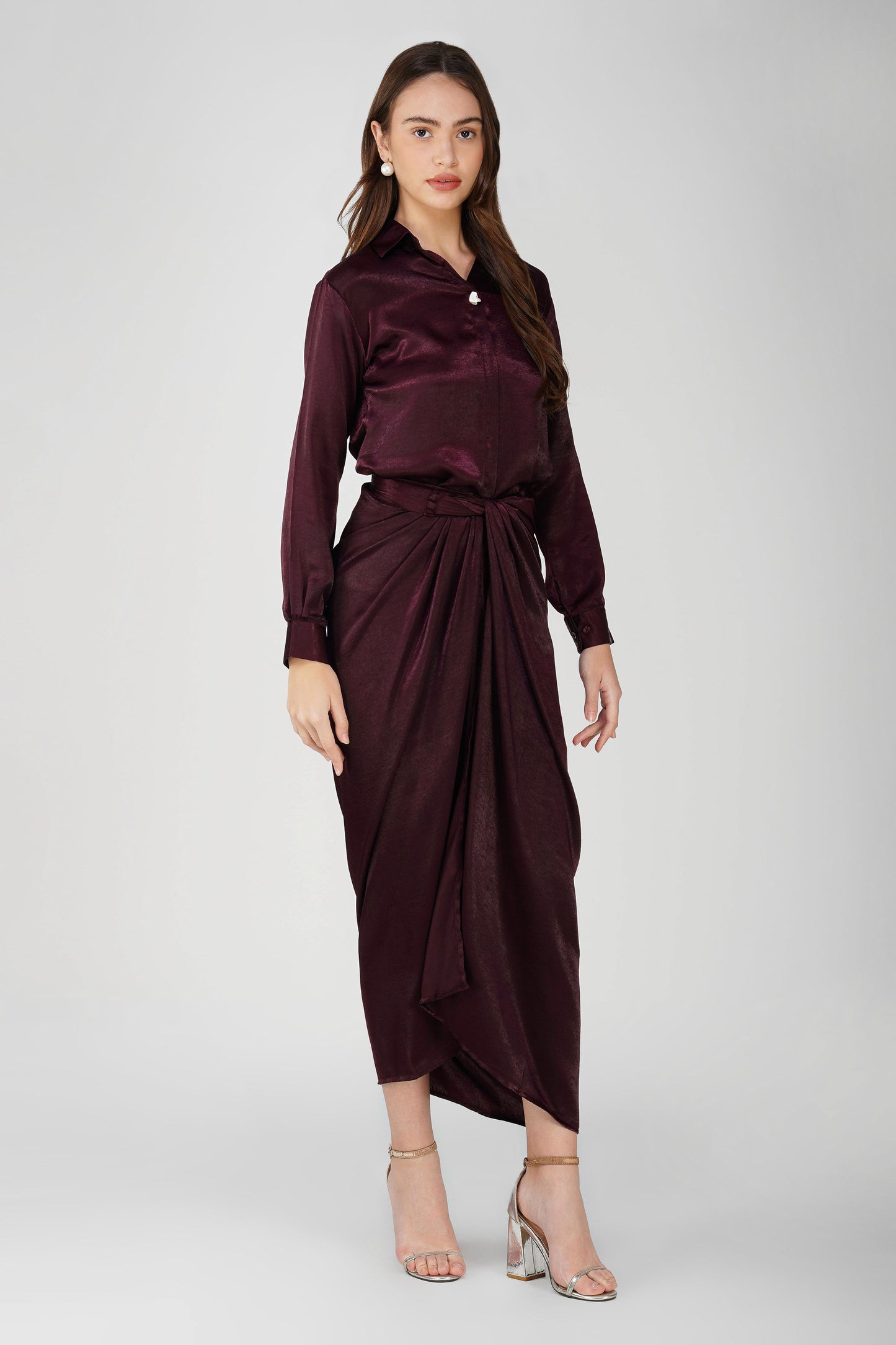 Silk Drape Shirt Skirt Set Wine