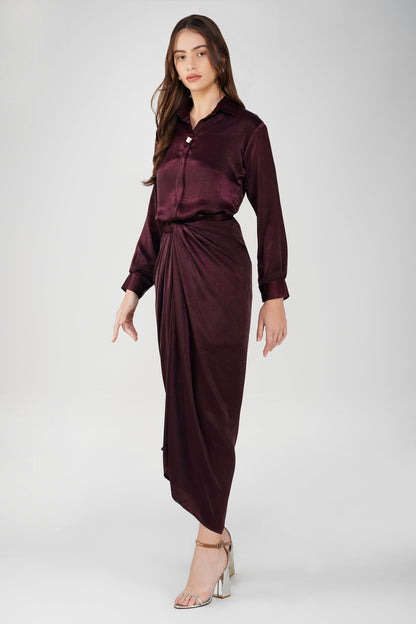 Nura Drape Skirt Co-ord – Wine Velvet-Finish Satin Shirt, Wrap Skirt & Lining (3-Piece Set)