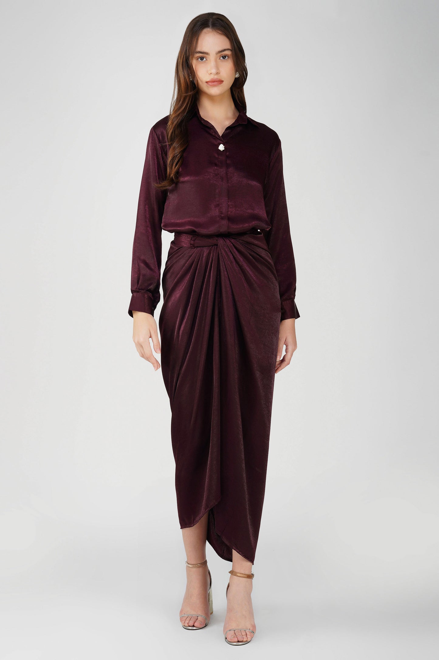 Silk Drape Shirt Skirt Set Wine