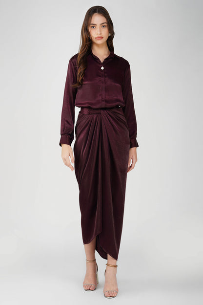 Nura Drape Skirt Co-ord – Wine Velvet-Finish Satin Shirt, Wrap Skirt & Lining (3-Piece Set)