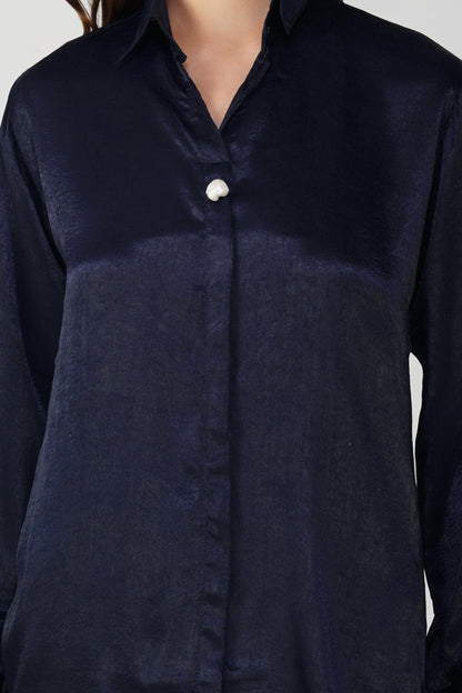 Nura Drape Skirt Co-ord – Navy Blue Velvet-Finish Satin Shirt, Wrap Skirt & Lining (3-Piece Set)