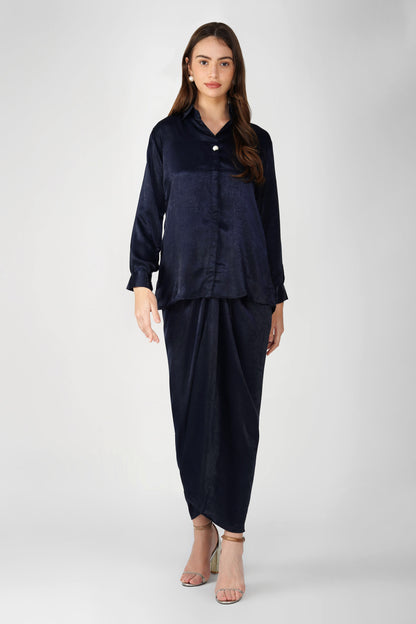 Nura Drape Skirt Co-ord – Navy Blue Velvet-Finish Satin Shirt, Wrap Skirt & Lining (3-Piece Set)