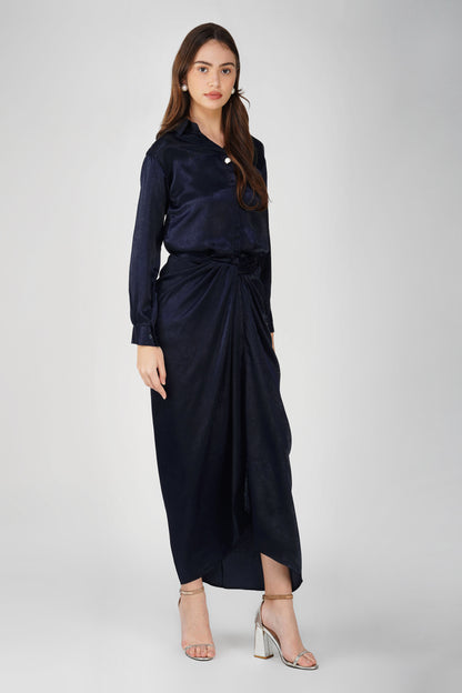 Nura Drape Skirt Co-ord – Navy Blue Velvet-Finish Satin Shirt, Wrap Skirt & Lining (3-Piece Set)