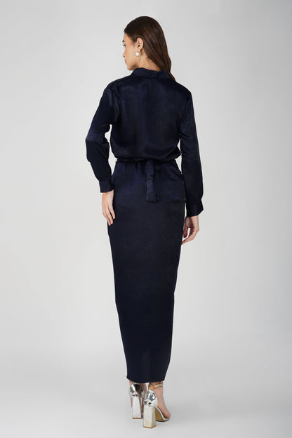 Nura Drape Skirt Co-ord – Navy Blue Velvet-Finish Satin Shirt, Wrap Skirt & Lining (3-Piece Set)