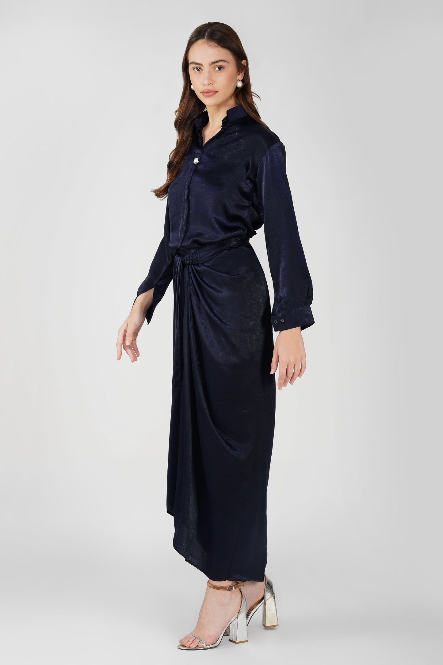 Silk Drape Shirt Skirt Set Navy