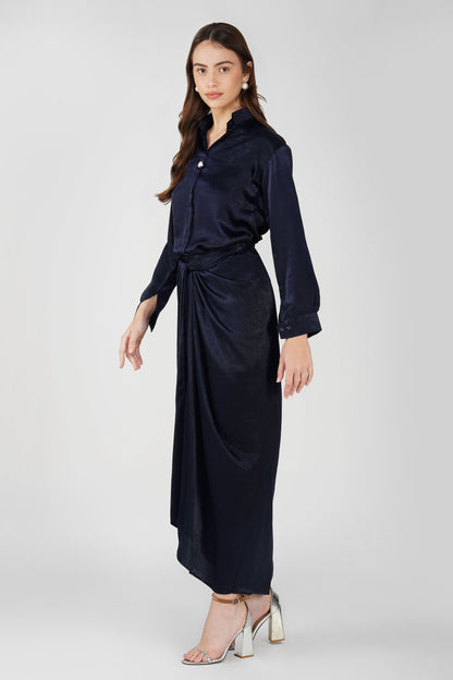 Nura Drape Skirt Co-ord – Navy Blue Velvet-Finish Satin Shirt, Wrap Skirt & Lining (3-Piece Set)