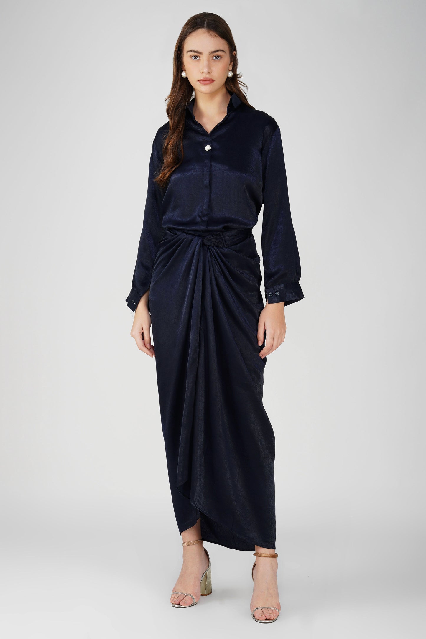 Silk Drape Shirt Skirt Set Navy