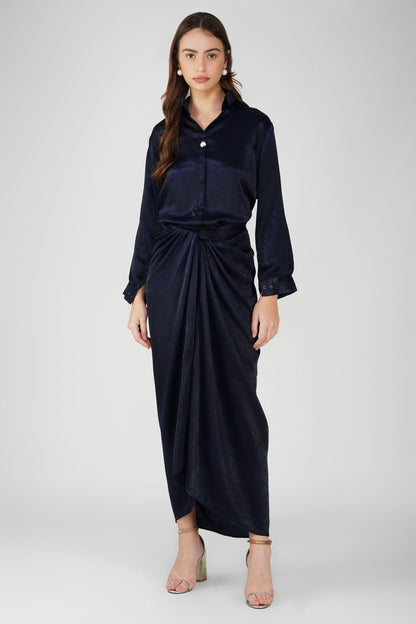 Nura Drape Skirt Co-ord – Navy Blue Velvet-Finish Satin Shirt, Wrap Skirt & Lining (3-Piece Set)