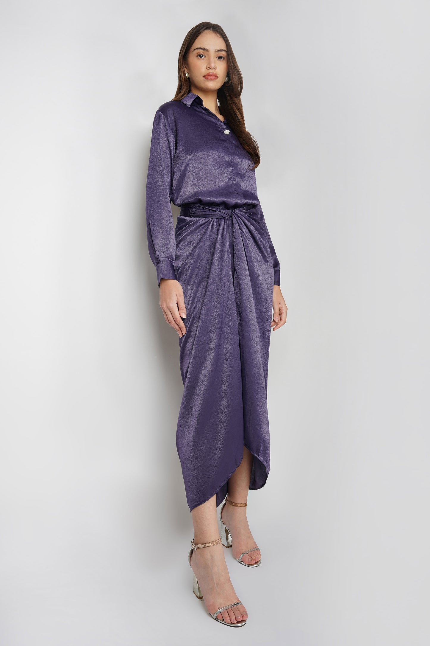 Silk Drape Shirt Skirt Set Mauve