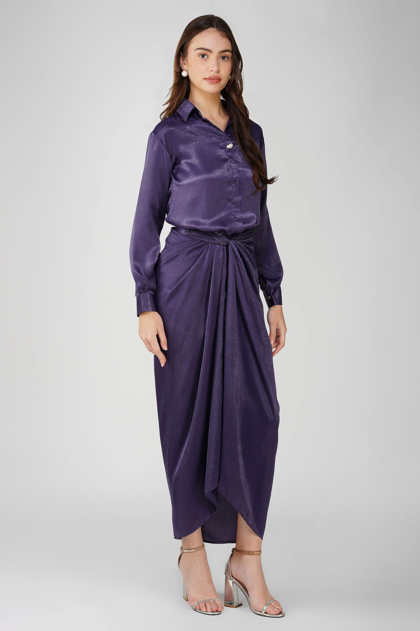 Silk Drape Shirt Skirt Set Mauve