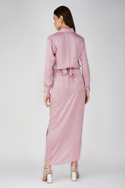 Nura Drape Skirt Co-ord – Pink Velvet-Finish Satin Shirt, Wrap Skirt & Lining (3-Piece Set)