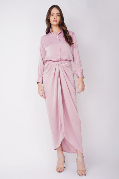 Nura Drape Skirt Co-ord – Pink Velvet-Finish Satin Shirt, Wrap Skirt & Lining (3-Piece Set)
