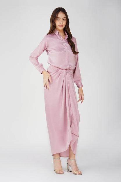 Nura Drape Skirt Co-ord – Pink Velvet-Finish Satin Shirt, Wrap Skirt & Lining (3-Piece Set)