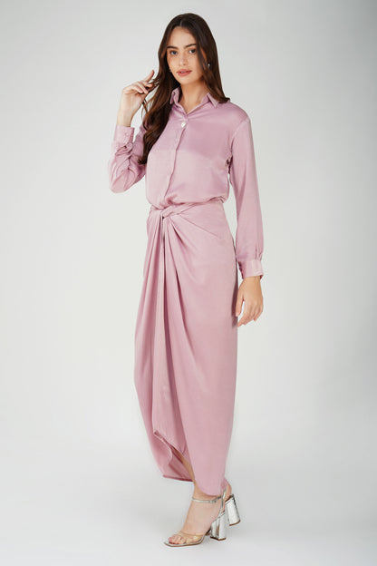 Nura Drape Skirt Co-ord – Pink Velvet-Finish Satin Shirt, Wrap Skirt & Lining (3-Piece Set)