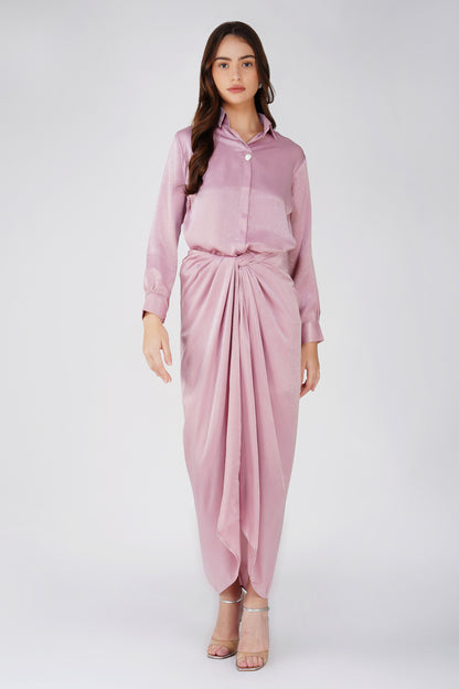 Nura Drape Skirt Co-ord – Pink Velvet-Finish Satin Shirt, Wrap Skirt & Lining (3-Piece Set)