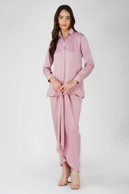 Nura Drape Skirt Co-ord – Pink Velvet-Finish Satin Shirt, Wrap Skirt & Lining (3-Piece Set)
