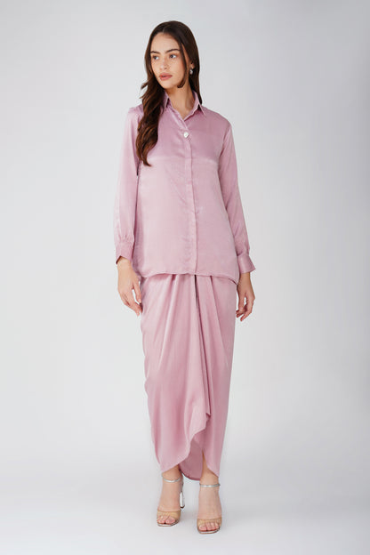 Nura Drape Skirt Co-ord – Pink Velvet-Finish Satin Shirt, Wrap Skirt & Lining (3-Piece Set)