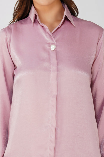 Nura Drape Skirt Co-ord – Pink Velvet-Finish Satin Shirt, Wrap Skirt & Lining (3-Piece Set)
