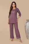 Mira Fusion Embroidered Shimmer Coord Set – Deep Purple | Bindigasm