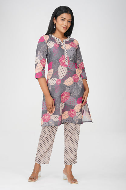 Grey Illustration Kurta Co-ord Set & Polka Dot Pants