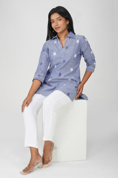 Blue Buti Cotton Co-ord Set – Shirt Collar Tunic with White Relaxed Pants