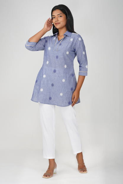 Blue Buti Cotton Co-ord Set – Shirt Collar Tunic with White Relaxed Pants