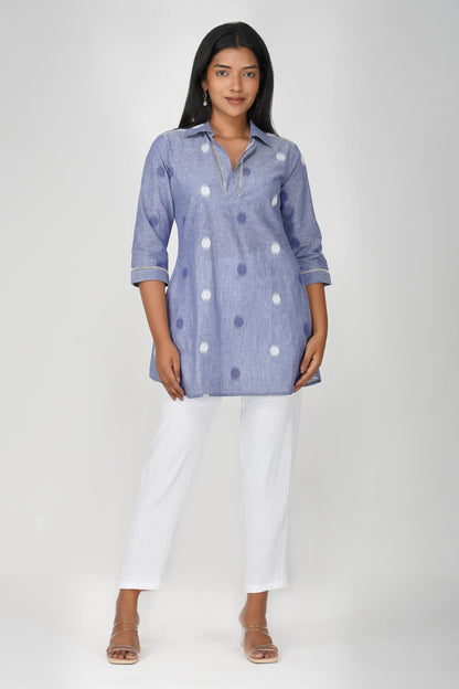 Blue Buti Cotton Co-ord Set – Shirt Collar Tunic with White Relaxed Pants