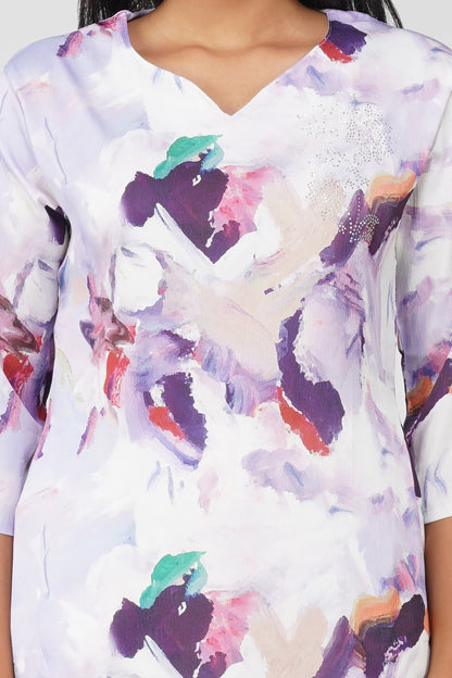 Lavender Swarovski Tunic Co-ord – Printed Casual Set with Pants