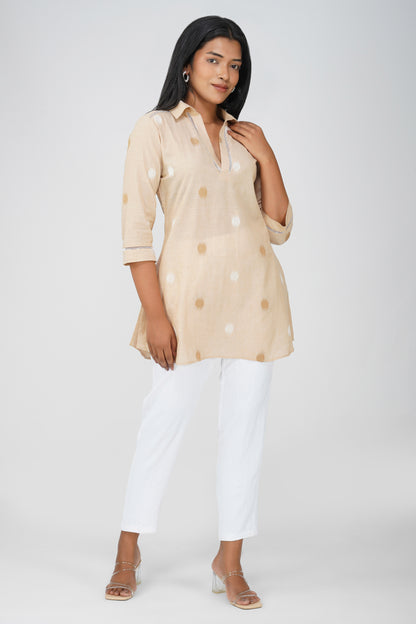 Khaki Buti Handloom Co-ord Set – Shirt Collar Tunic with White Pants