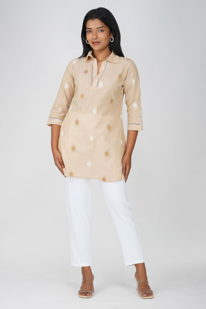 Khaki Buti Handloom Co-ord Set – Shirt Collar Tunic with White Pants