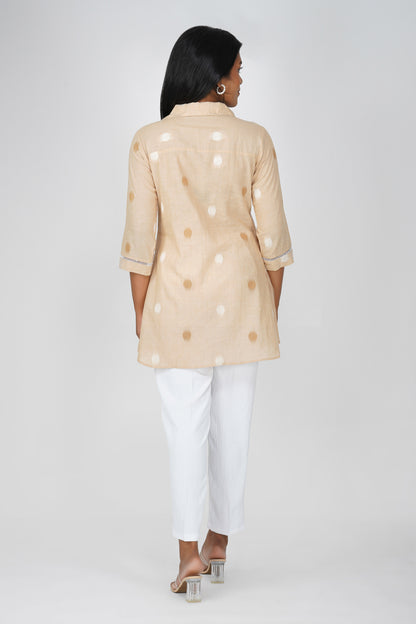 Khaki Buti Handloom Co-ord Set – Shirt Collar Tunic with White Pants