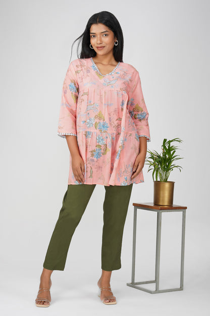 Peach Foliage Peplum Co-ord Set – Printed Cotton Top with Moss Green Pants