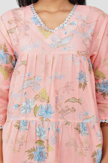 Peach Foliage Peplum Co-ord Set – Printed Cotton Top with Moss Green Pants