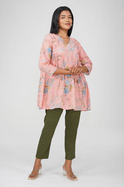 Peach Foliage Peplum Co-ord Set – Printed Cotton Top with Moss Green Pants