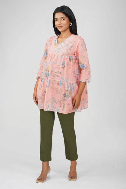 Peach Foliage Peplum Co-ord Set – Printed Cotton Top with Moss Green Pants