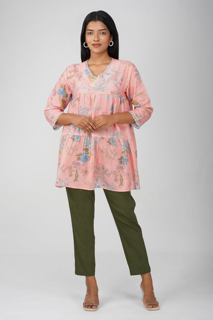 Peach Foliage Peplum Co-ord Set – Printed Cotton Top with Moss Green Pants