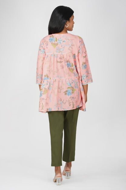 Peach Foliage Peplum Co-ord Set – Printed Cotton Top with Moss Green Pants