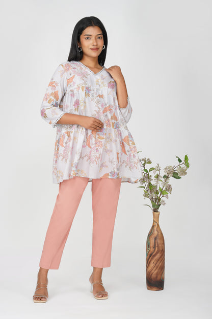 Grey Foliage Peplum Co-ord Set – Tiered Cotton Top with Moss Green Pants
