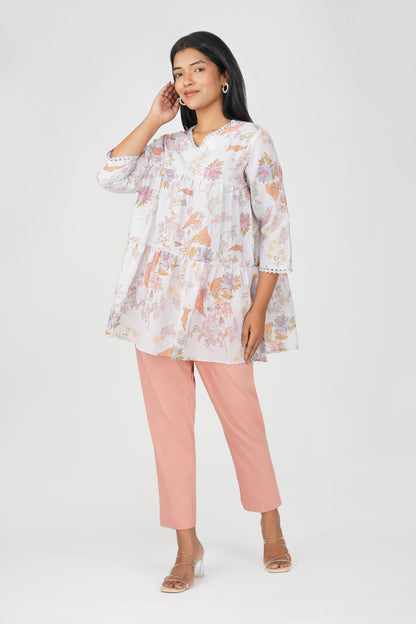 Grey Foliage Peplum Co-ord Set – Tiered Cotton Top with Moss Green Pants