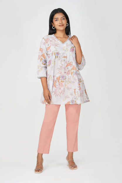 Grey Foliage Peplum Co-ord Set – Tiered Cotton Top with Moss Green Pants