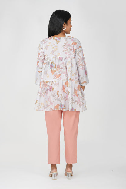 Grey Foliage Peplum Co-ord Set – Tiered Cotton Top with Moss Green Pants