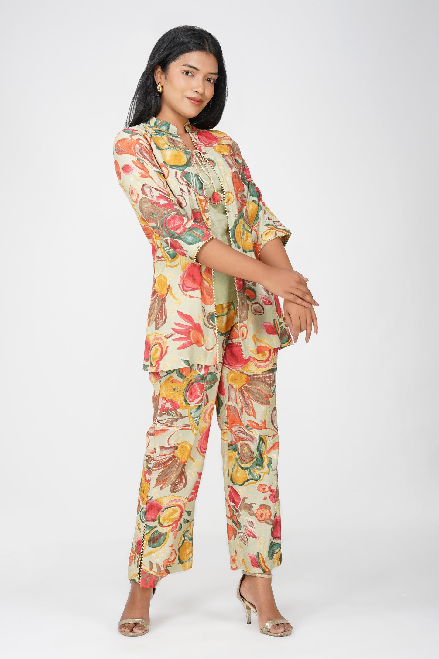 Maahi Festive Floral Print Jacket with Pants Set of 3 Co-ord