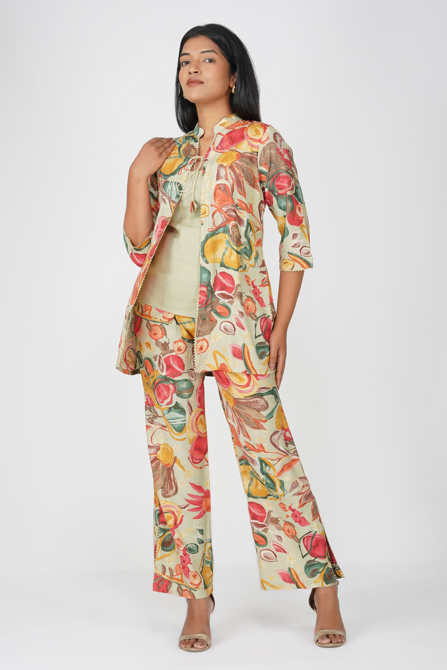 Maahi Festive Floral Print Jacket with Pants Set of 3 Co-ord